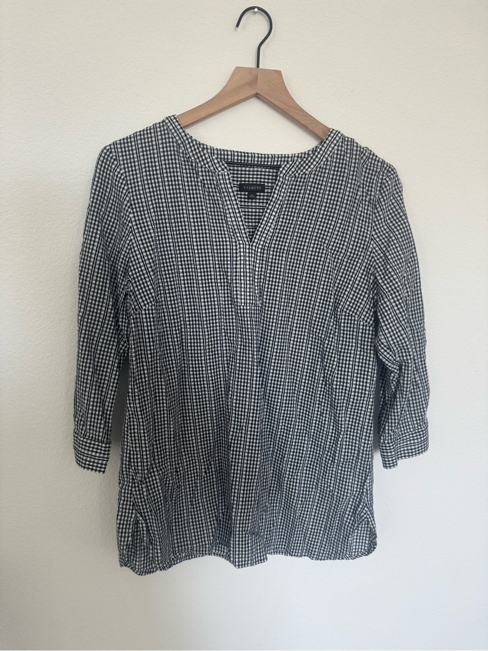 Talbots 100% Cotton Black and White Preppy Gingham V‑Neck Tunic Top Medium